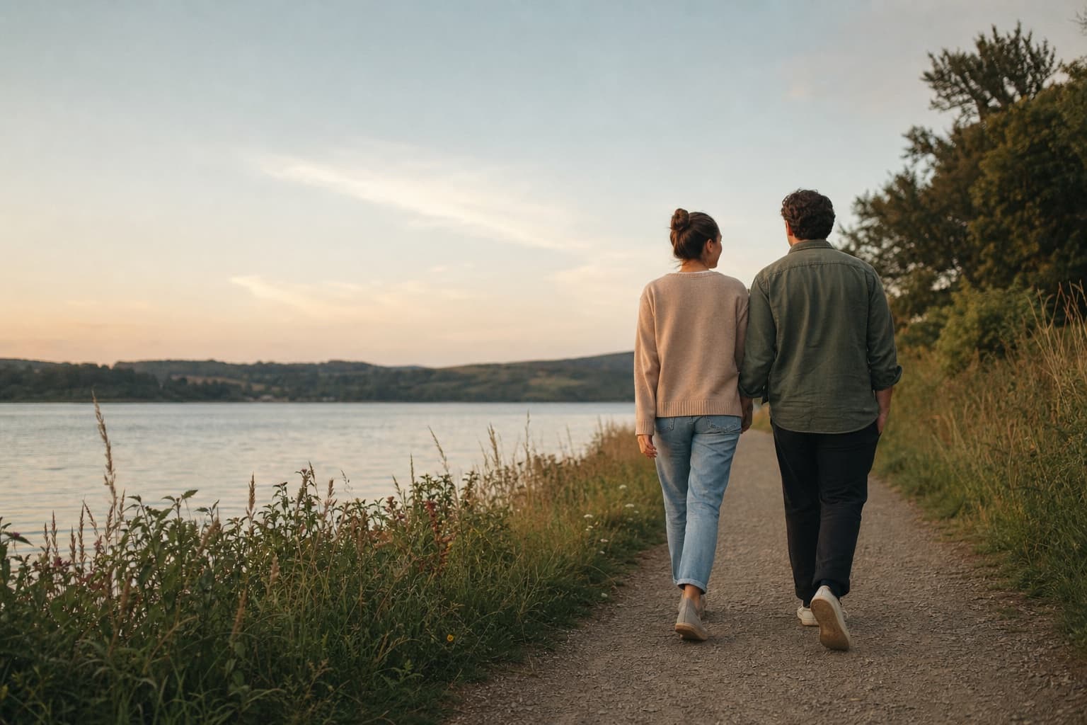 Zwei Menschen gehen gemeinsam an einem See entlang.