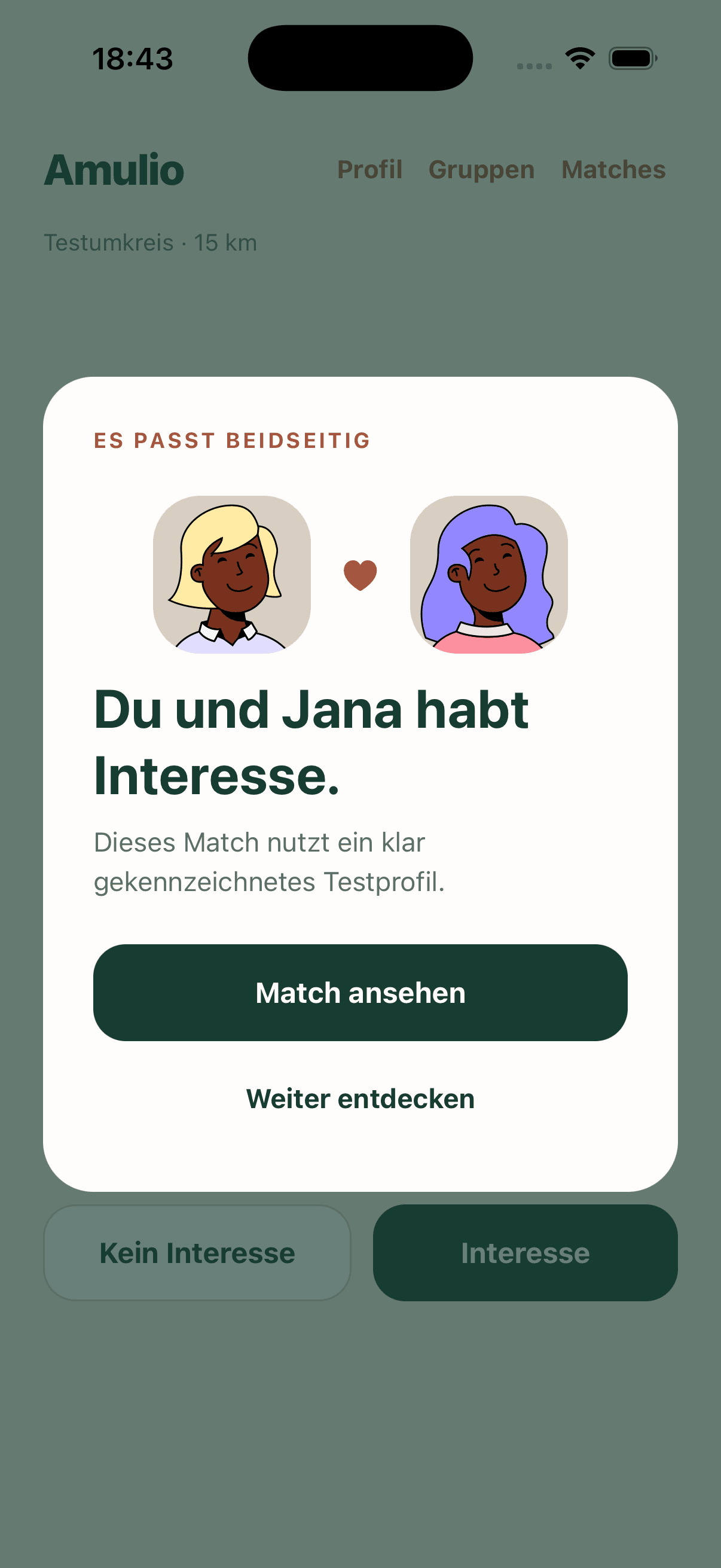 Amulio-Match-Bestätigung, auf der nach beidseitigem Interesse zwei freigeschaltete Avatar-Gesichter zu sehen sind.