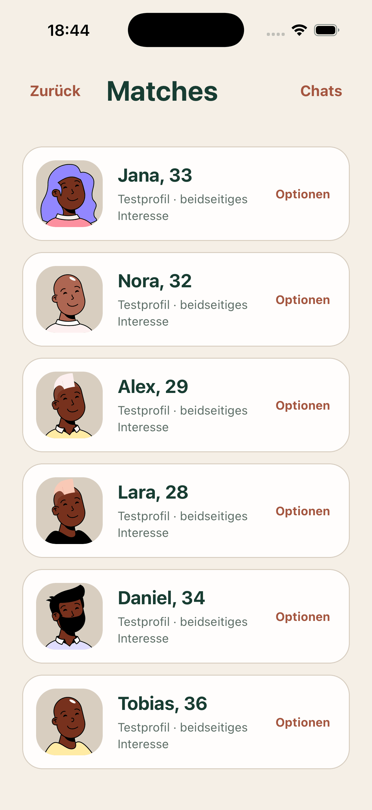 Amulio-Match-Liste mit mehreren nach dem Match sichtbaren Avatar-Gesichtern.